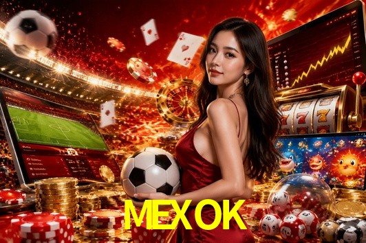 Una escena digital vívida inspirada en casino con MEXOK mostrado prominentemente, luces brillantes, fichas, cartas y acentos dorados.