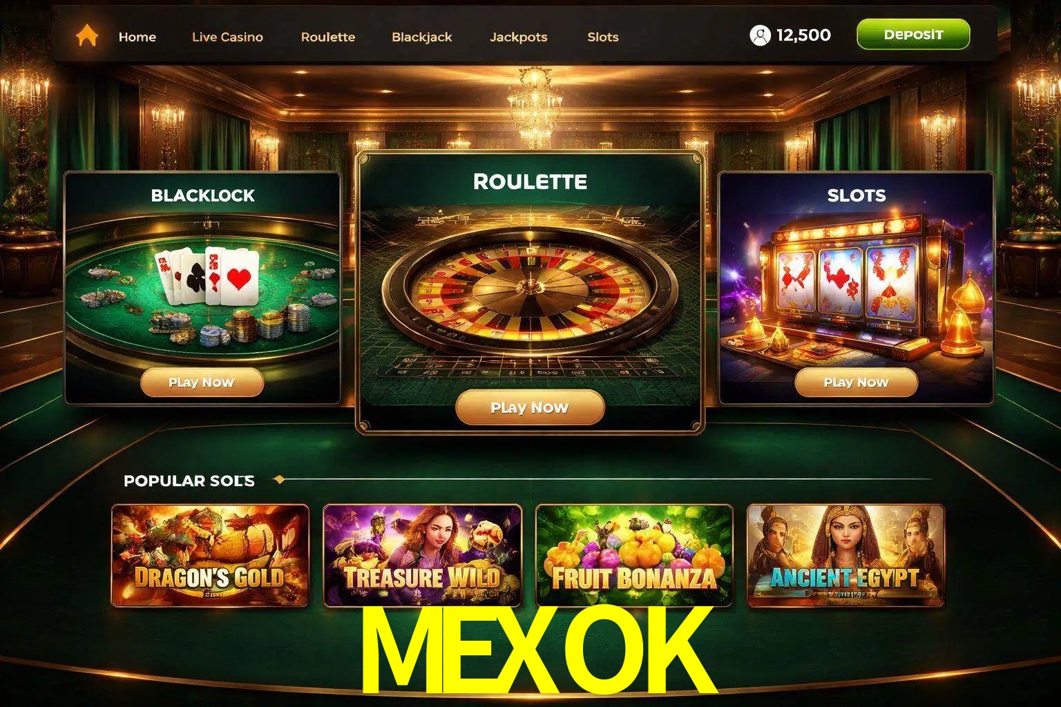 Vista de la plataforma MEXOK Casino mostrando categorías organizadas de juegos en línea