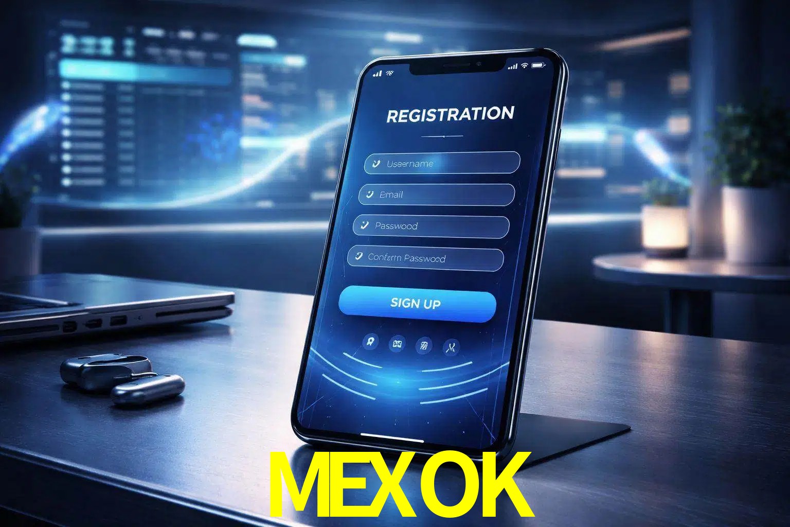 Una interfaz moderna de registro móvil para MEXOK mostrada en un smartphone con un panel de apuestas elegante.